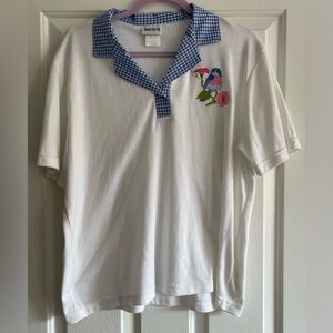 NWOT Vintage Bon Worth Grandma Core Polo Top Shirt Bluebird & Flowers Size MP